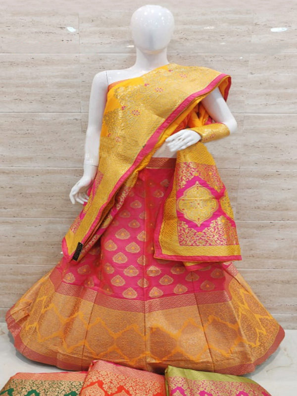 Yellow And Pink Banarasi Semi-Stitched Lehenga in Synthetic – Khatri  Jamnadas Bechardas